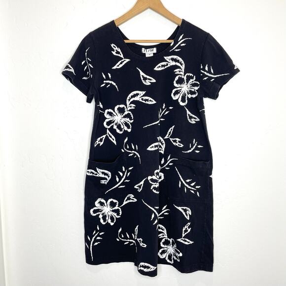 M. Mac Floral Print Shirt Dress Womens Medium Black Short Sleeve Pockets - Picture 1 of 5